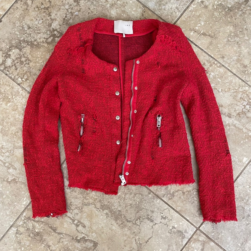 IRO Red Distressed Tweed Boucle Thrashed Jacket Women Sz 1 Zip Front Snap Button
